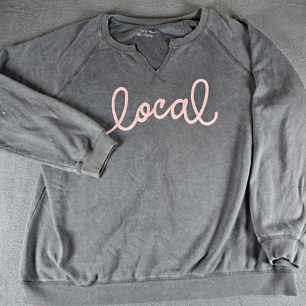 State of Mine Local Sweatshirt Womens XXL Gray Pink Embroidered Split Neck P